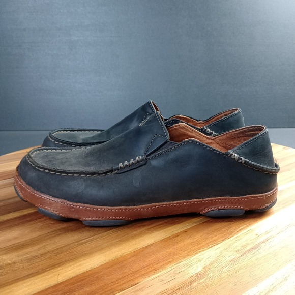 OluKai Moloa Shoes Mens Size 8.5 Black Brown Slip On Loafers Leather Slippers - Picture 1 of 10